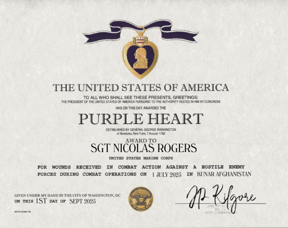 Purple Heart certificate for Staff Sergeant Nicolas Rogers