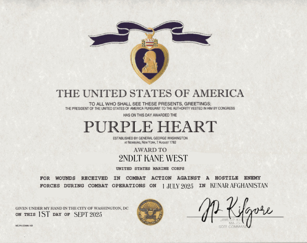 Purple Heart certificate for Kane West